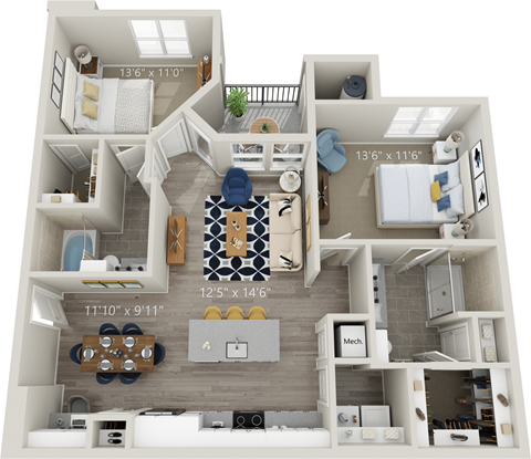B4 - Luxury two bedroom apartment with living room kitchen with island laundry room two bathrooms with bathtub and shower two walk in closets and patio with storage